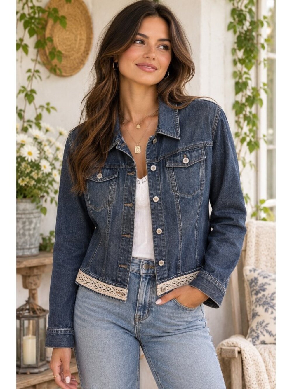 Ann Taylor XL Denim Jean Jacket 100% Cotton Lace Trim Boho Cottagecore Vintage